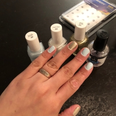 Essie: Find Me An Oasis (blue), Marshmallow (white) and Good As Gold (gold) Tools: Avery Reinforcement Labels