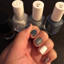 Essie: Glitter Polish (not Essie), Blanc (white), Petal Pushers (gray) and Anchor Down (blueish-gray)
